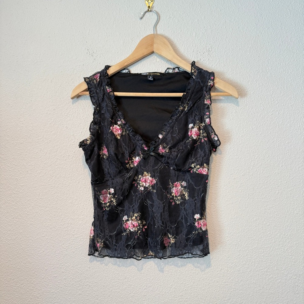 Honey & Sparkle Women Black Floral Lace Ruffle V-Neck Sleeveless Top Small